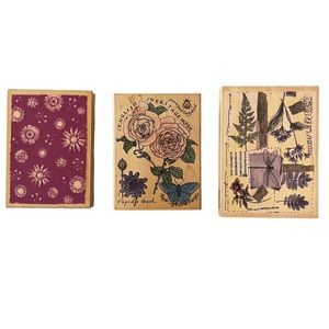 Floral Collage English Rose Garden 3 Wood Block Rubber Stamps 4” x 5” Large